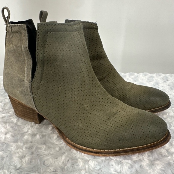 Taupe Distressed Leather and Canvas Wood Heel Booties - Picture 1 of 9